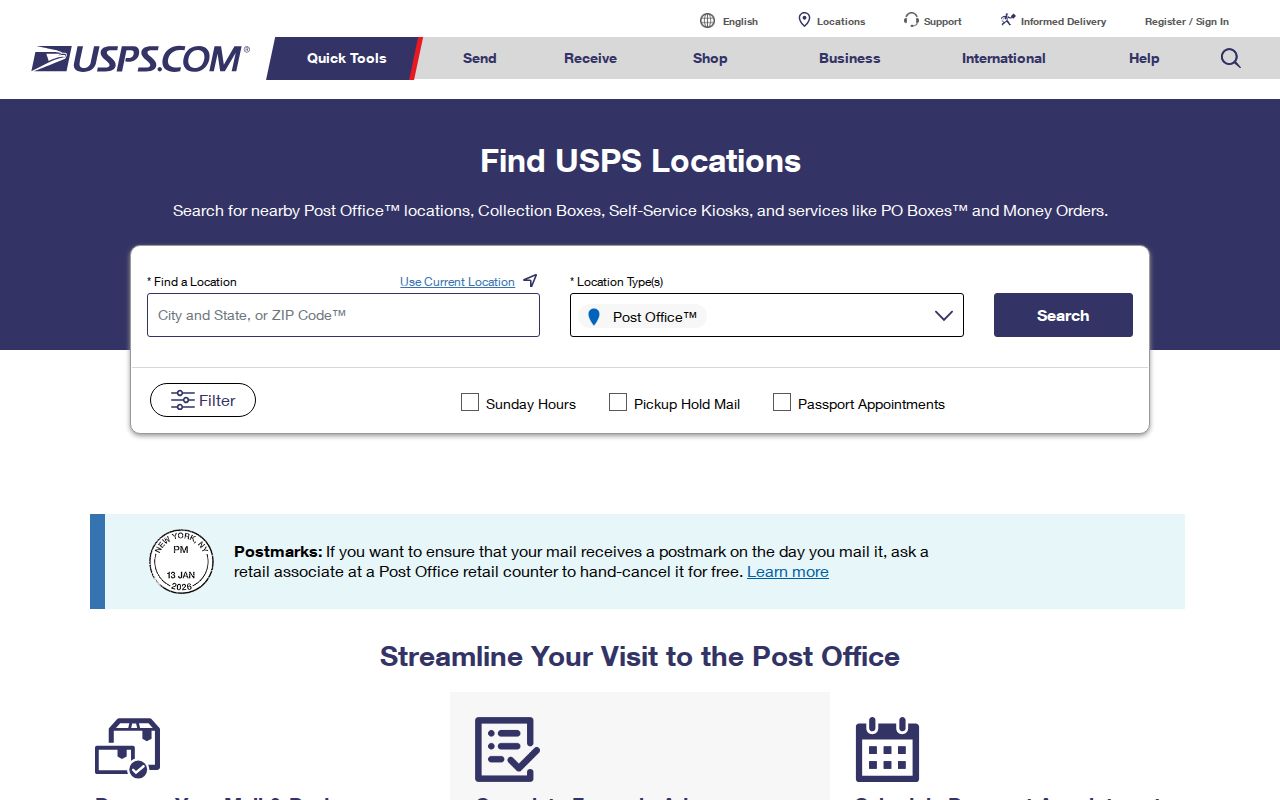 USPS location search fields for Moline postal services